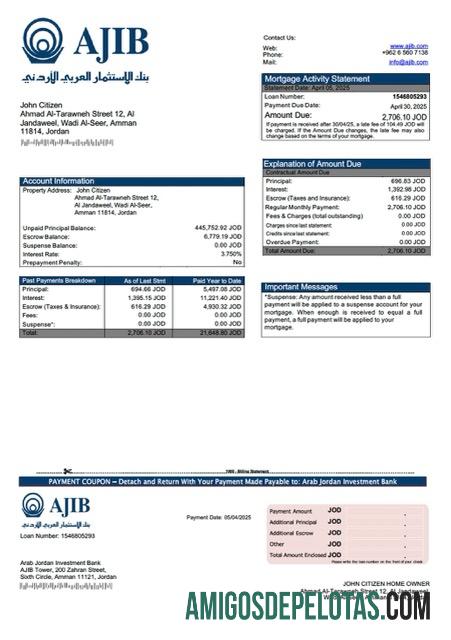 realista Modelo Word e PDF de declaração de hipoteca do Jordan Arab Jordan Investment Bank (AJIB)